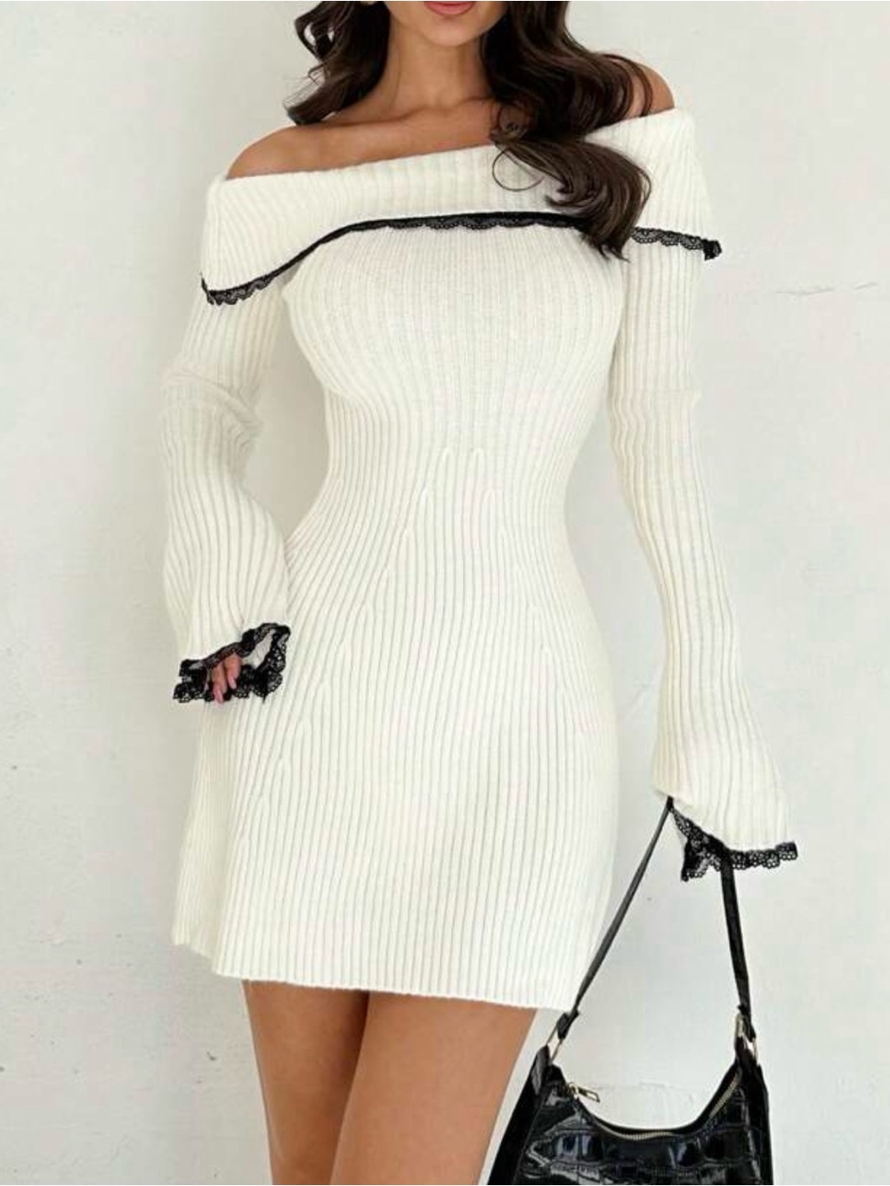 Shein White Knitted Off The Shoulder Long Sleeve Sweater Mini Dress Size Medium